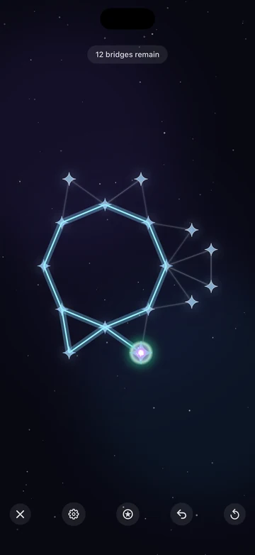 A Bridges level in progress: a glowing aura crossing the connections of a star network