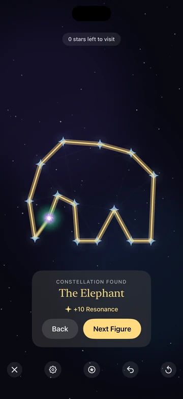 A solved Starwalk level revealing a golden elephant constellation