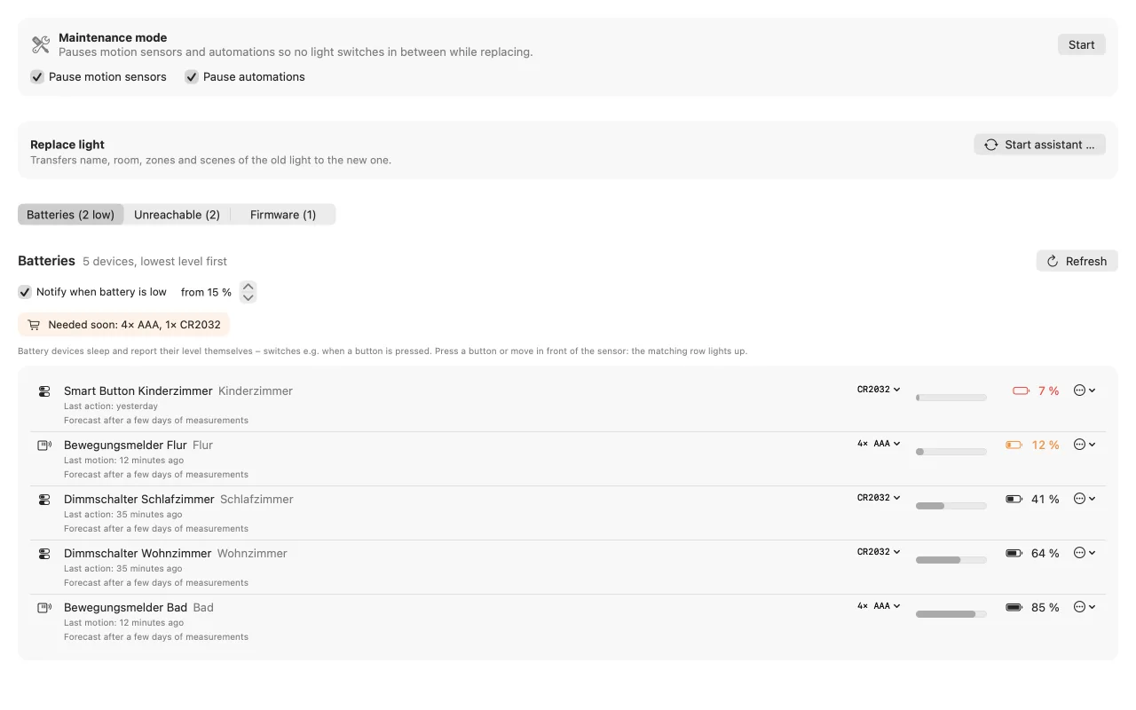 Tamsel maintenance view: maintenance mode, light replacement assistant and battery list with levels, types and forecasts