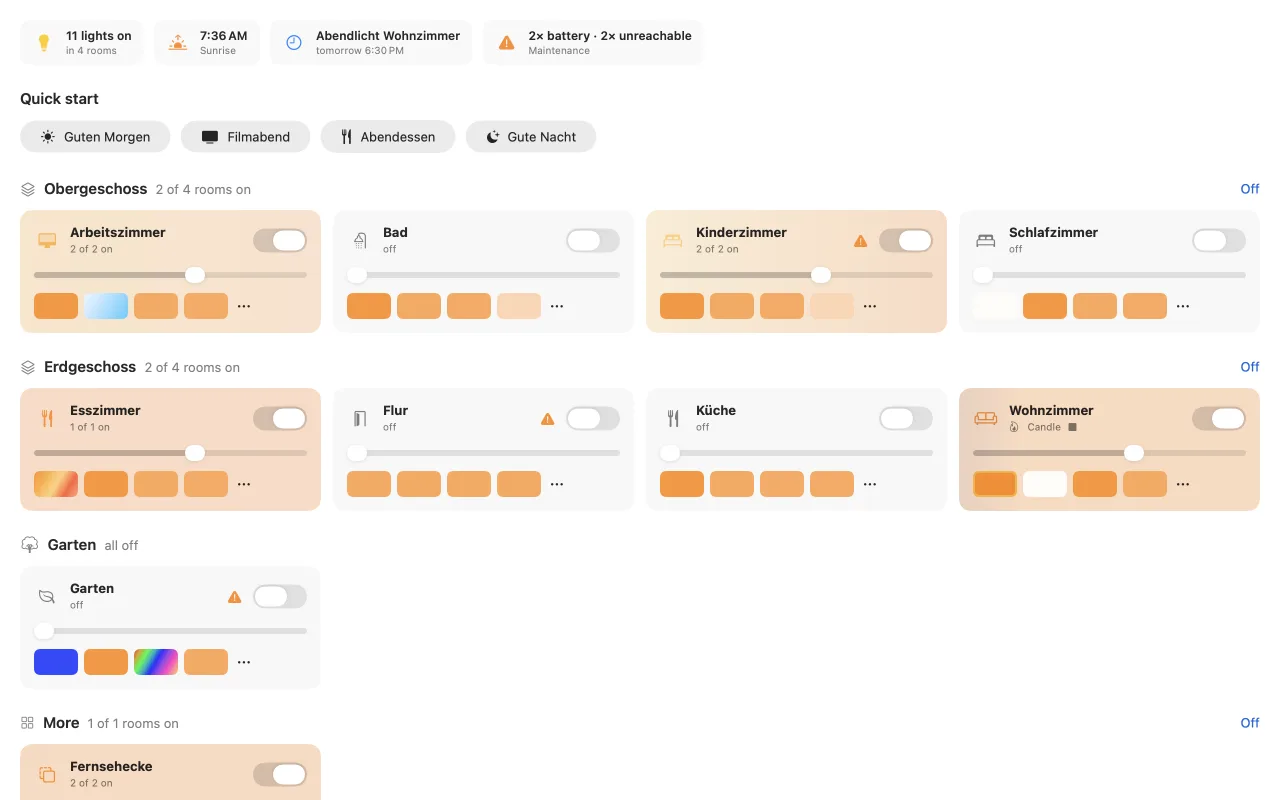 Tamsel overview: house status, quick-start favorites and room cards grouped by floor, each with switch, brightness and scenes