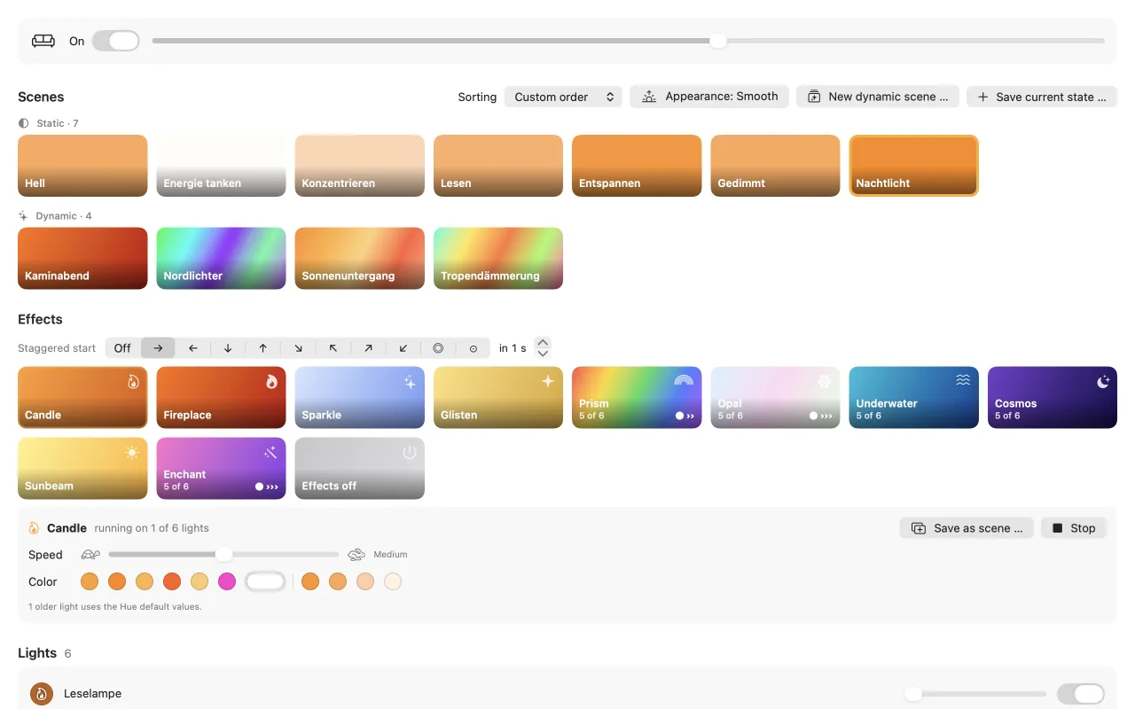 A Tamsel room view with static and dynamic scene tiles, effect tiles and the effect bar for speed and color